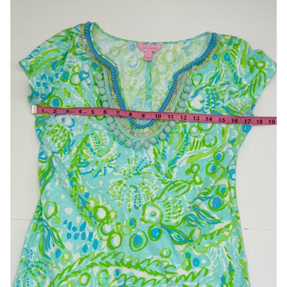 Lilly Pulitzer Harper Embellished T Shirt Dress Green Blue Pastel Linen Blend S - Picture 9 of 11